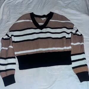 Derek Heart Striped Sweater V Neck Crop Knit Pullover Tan‎ White Black Women's
